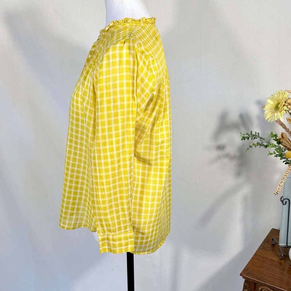 J.Crew Pintuck Yellow Gingham Blouse Ruffle Neck Long Sleeve Sz 2P💛 - Picture 7 of 11